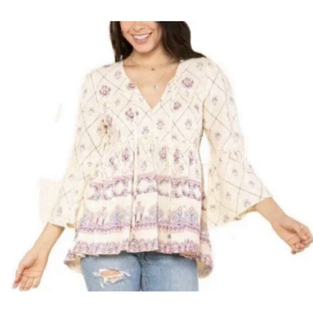 Anthropologie Raga Top Womens Medium Ivory Boho Print Babydoll Tie Neck Peasant